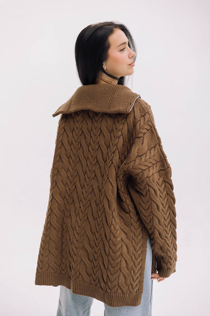 Braided Half-Zip Sweater - Brown