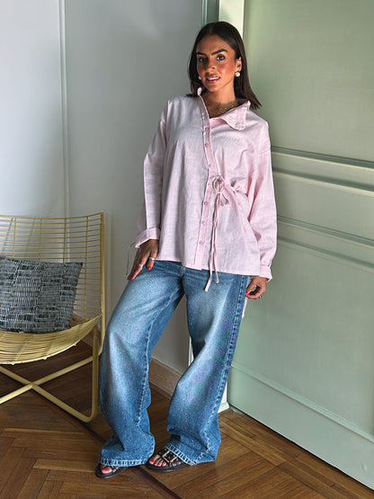 Side Bow Linen Shirt - Soft Pink
