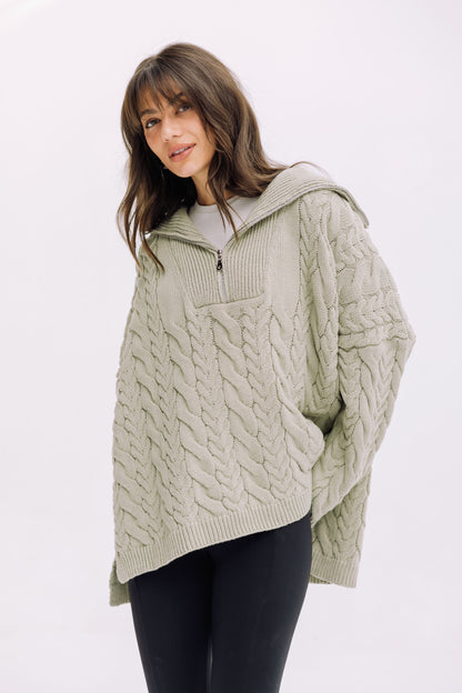 Braided Half-Zip Sweater - Basil