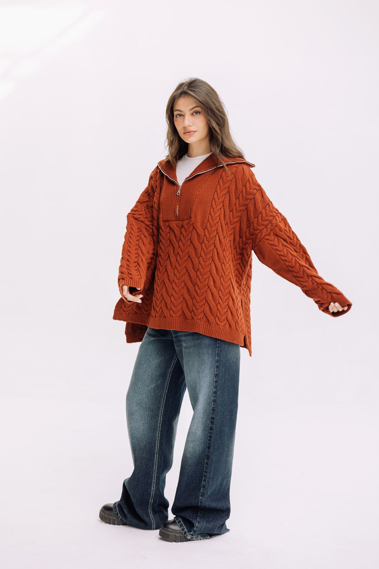 Braided Half-Zip Sweater - Brick