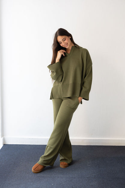 Clouded Warmth Knit Set - Olive