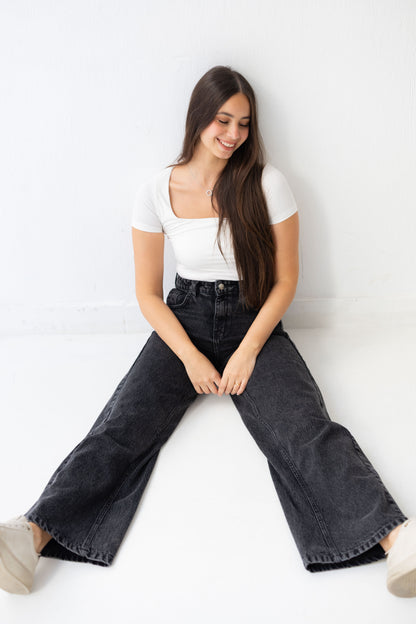 Wide Flow Denim Pants - Ash Black