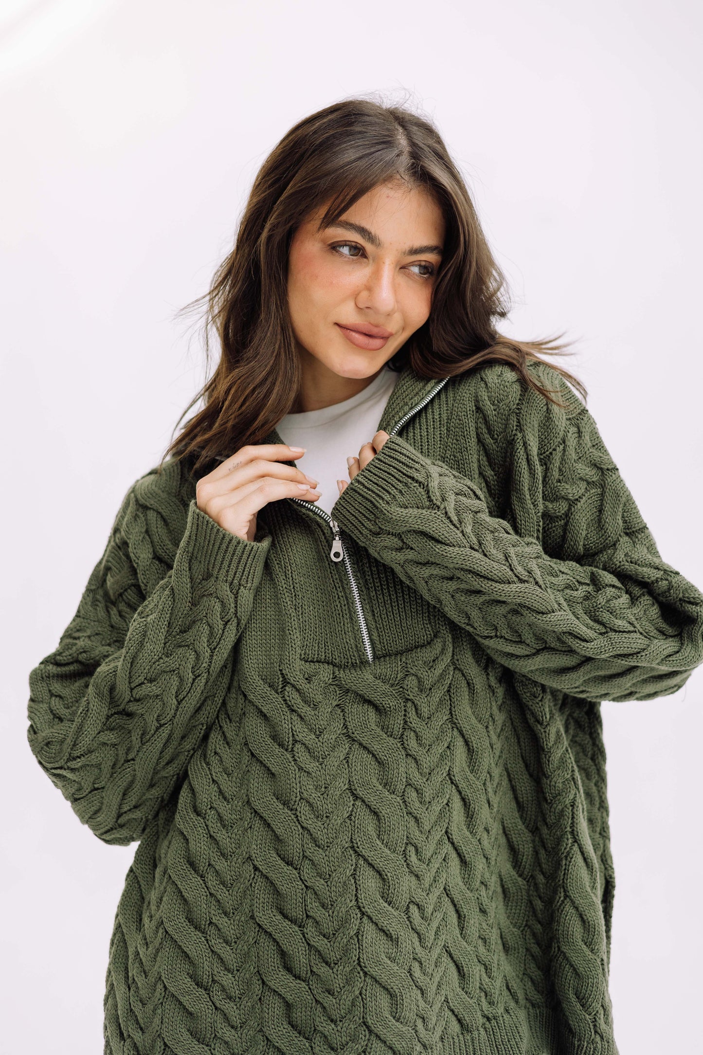 Braided Half-Zip Sweater - Olive