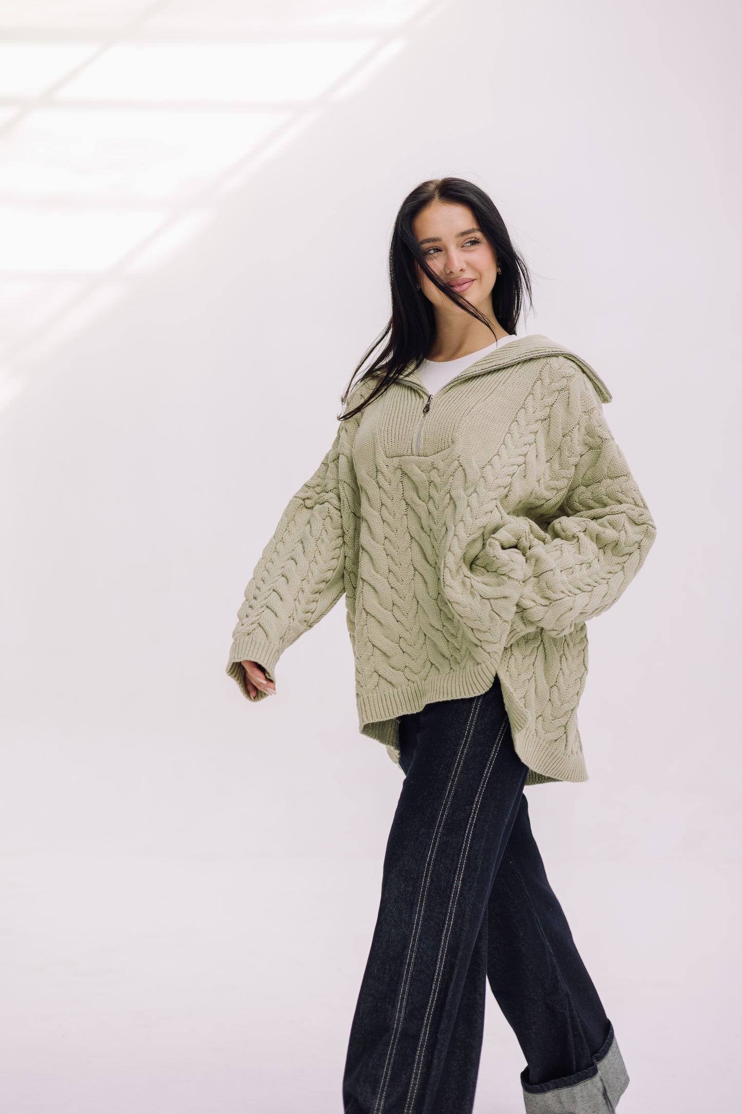 Braided Half-Zip Sweater - Basil