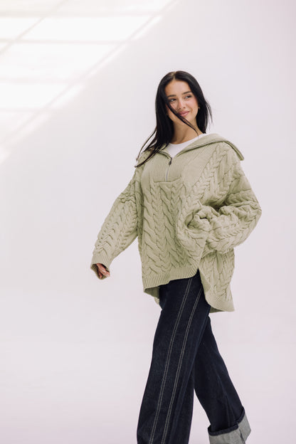 Braided Half-Zip Sweater - Basil