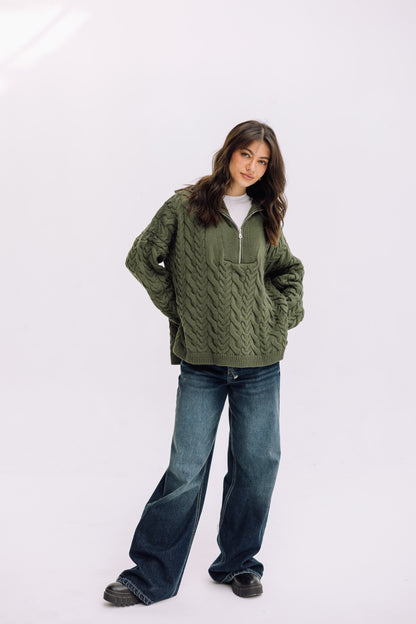 Braided Half-Zip Sweater - Olive