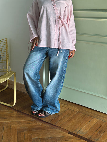Side Bow Linen Shirt - Soft Pink