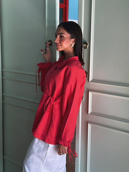 Side Bow Linen Shirt - Crimson Red