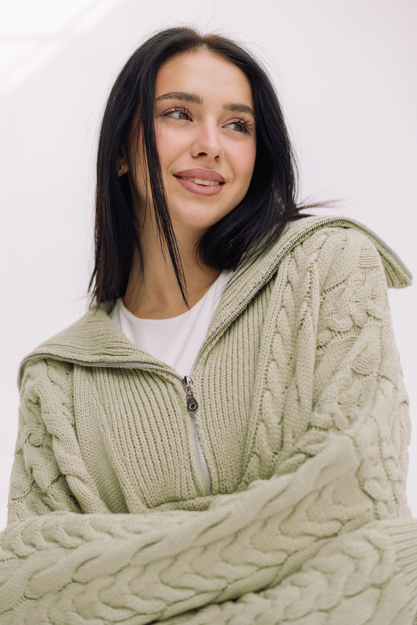 Braided Half-Zip Sweater - Basil