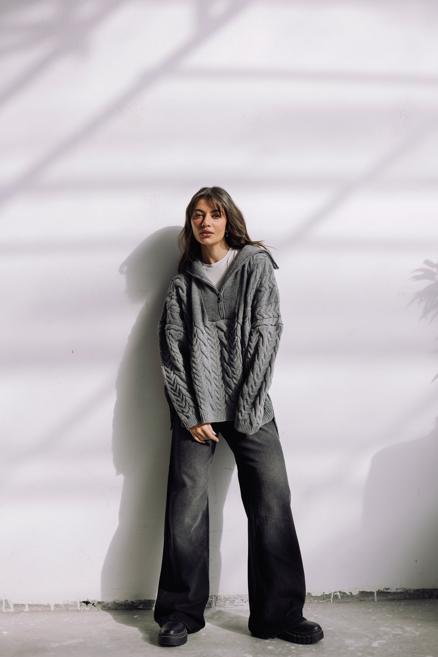 Braided Half-Zip Sweater - Grey