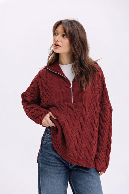Braided Half-Zip Sweater - Burgundy