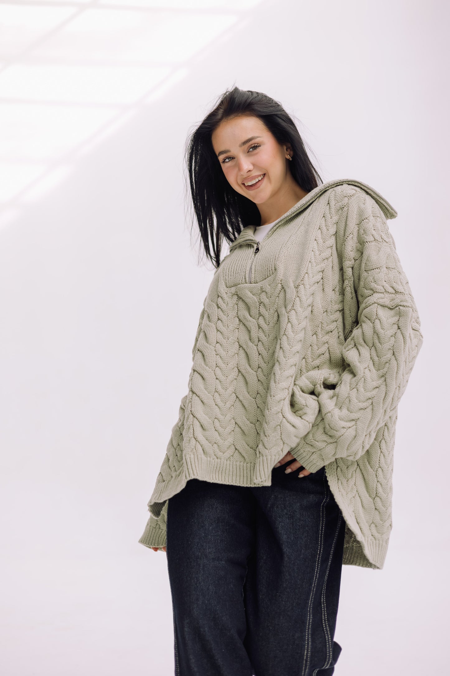 Braided Half-Zip Sweater - Basil