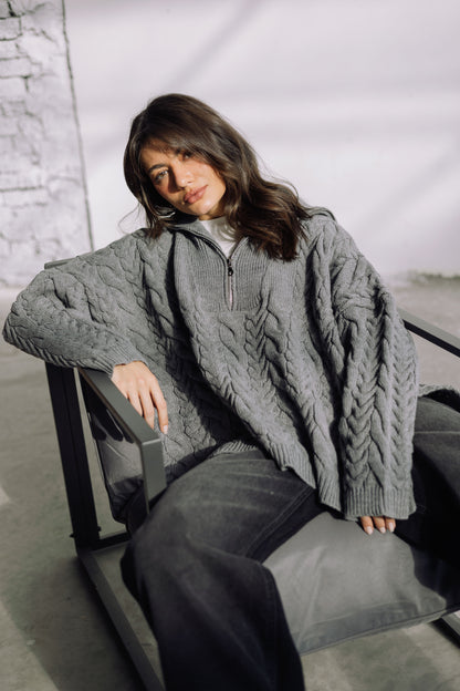 Braided Half-Zip Sweater - Grey