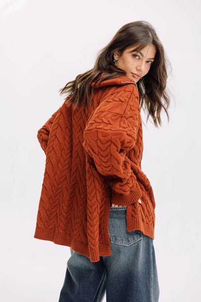 Braided Half-Zip Sweater - Brick