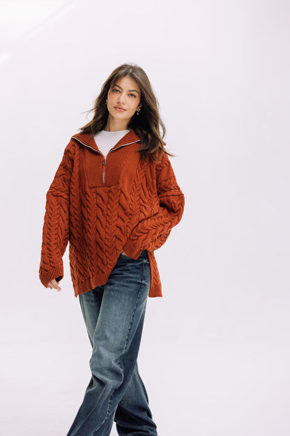 Braided Half-Zip Sweater - Brick