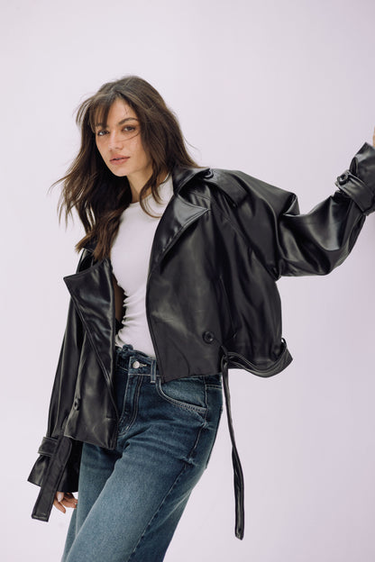 Leather Cropped Trench Jacket - Black
