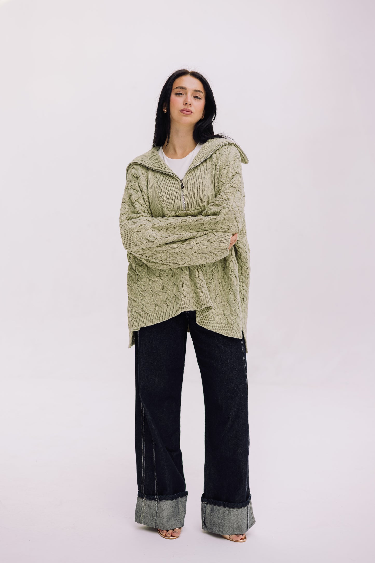 Braided Half-Zip Sweater - Basil