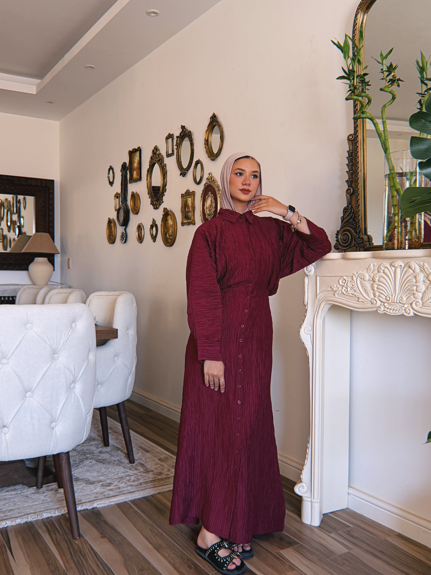 Dreamy Crinkled Dress - Deep Burgundy