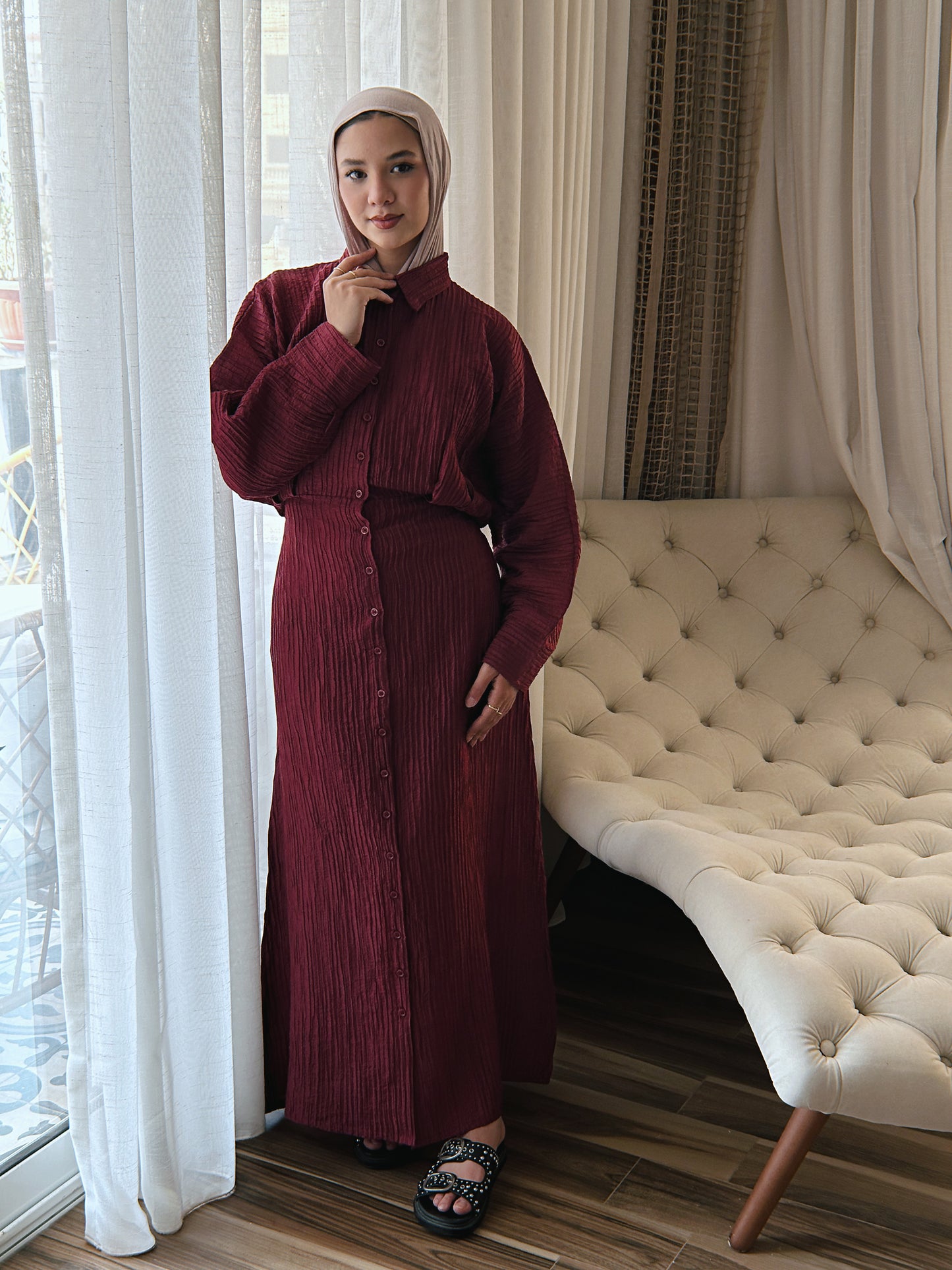 Dreamy Crinkled Dress - Deep Burgundy