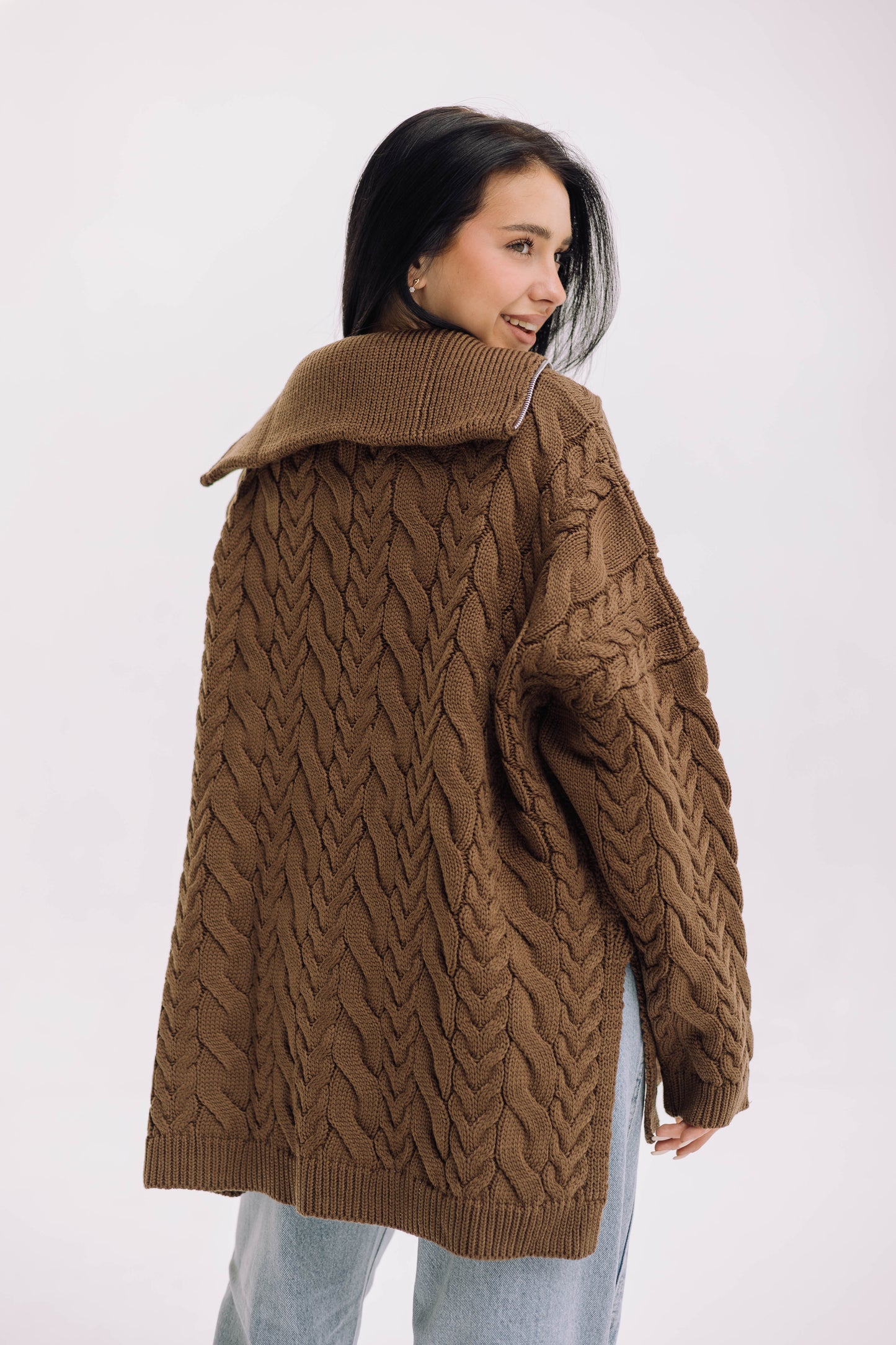 Braided Half-Zip Sweater - Brown