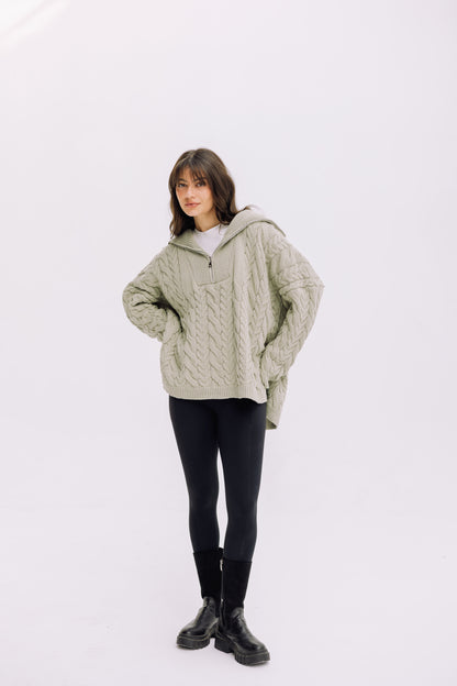 Braided Half-Zip Sweater - Basil