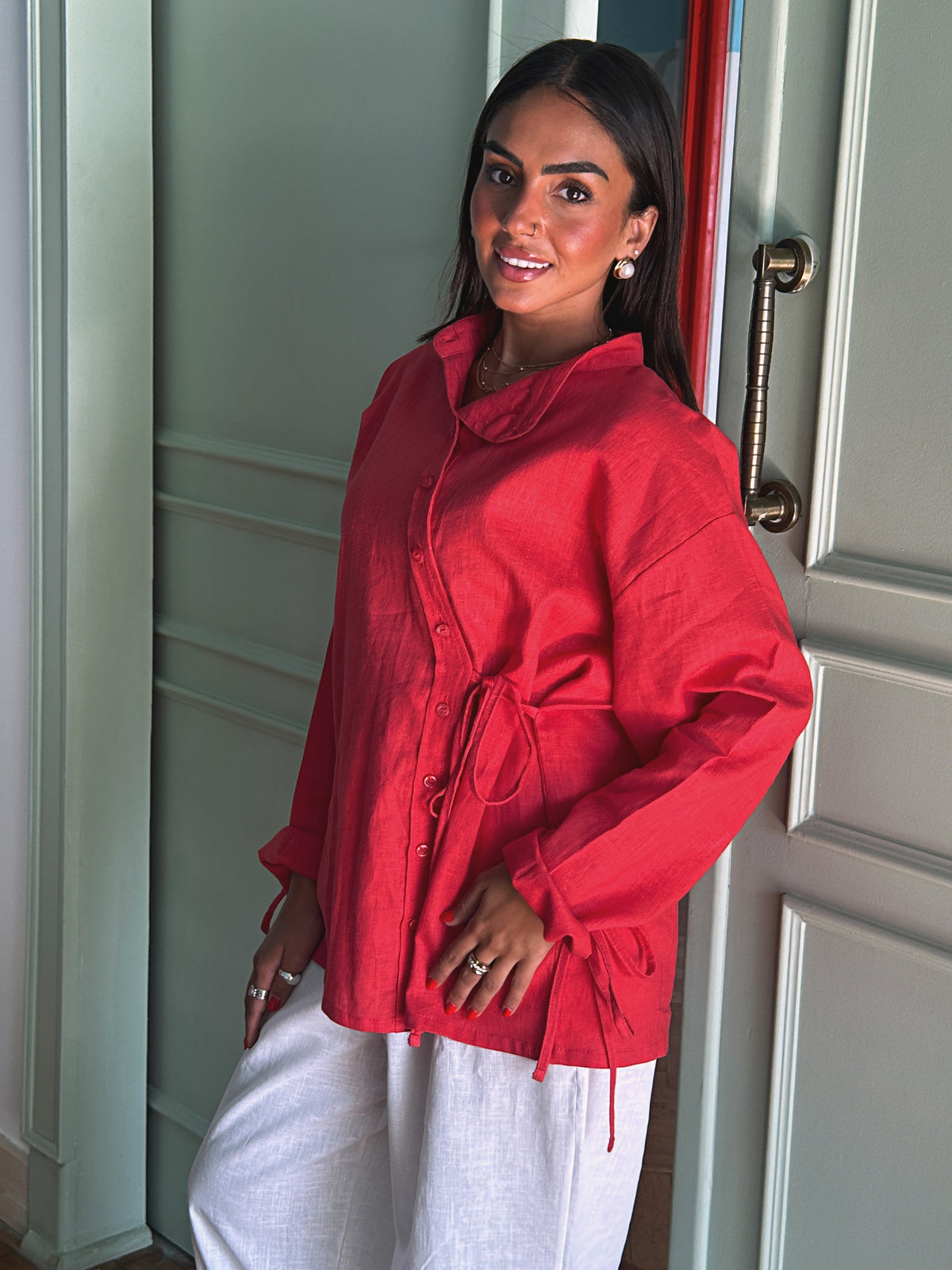 Side Bow Linen Shirt - Crimson Red
