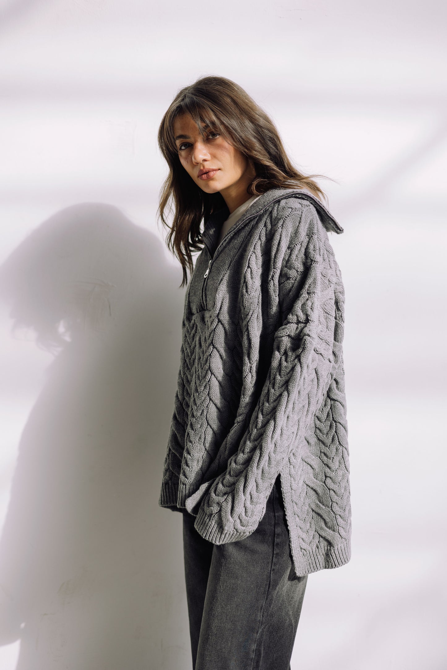 Braided Half-Zip Sweater - Grey