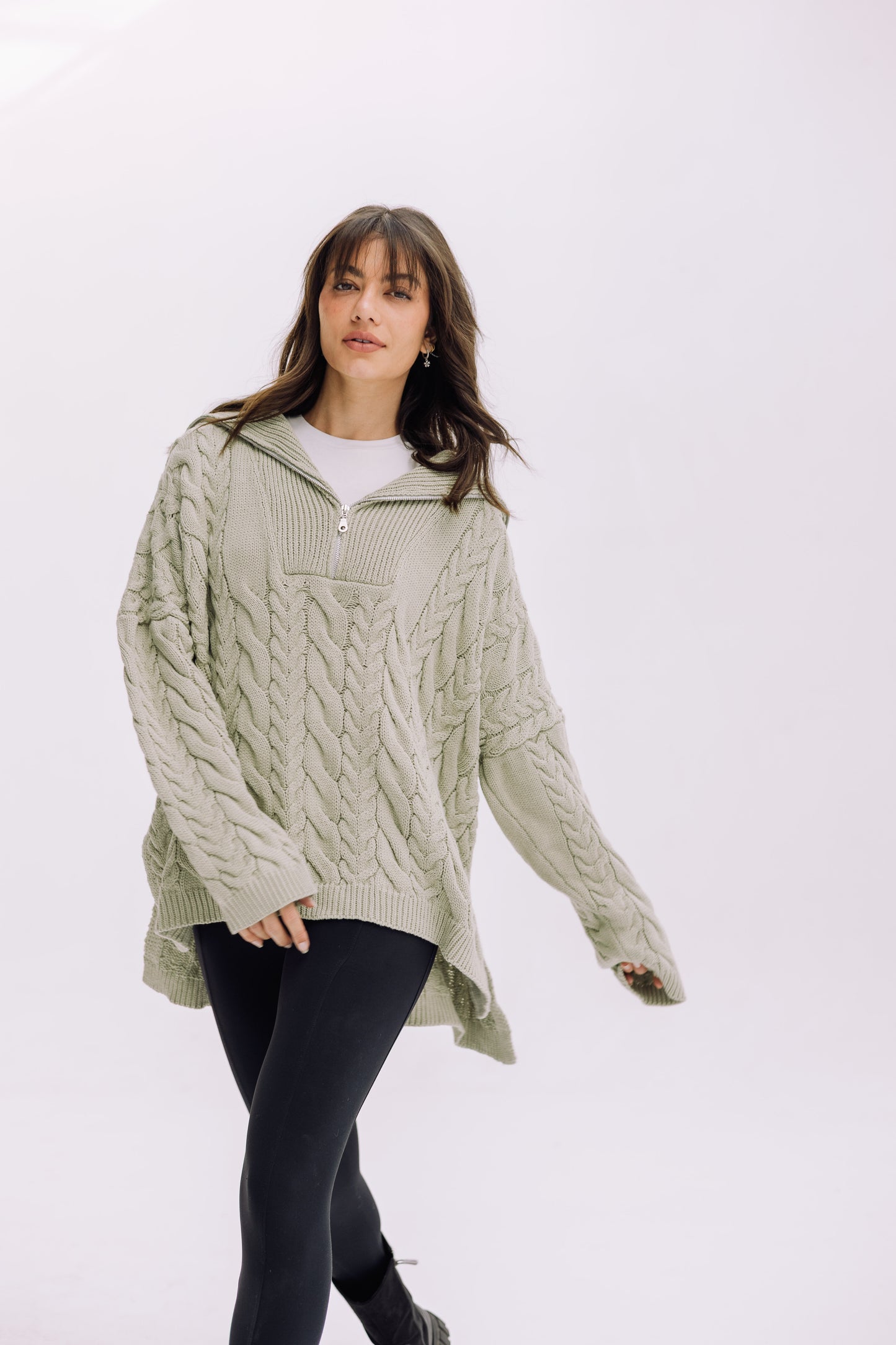 Braided Half-Zip Sweater - Basil