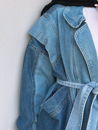 Tie-belt Denim Jacket - Dark Blue