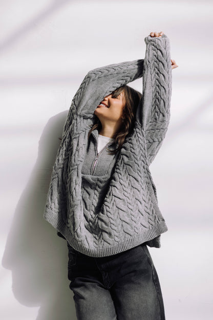 Braided Half-Zip Sweater - Grey
