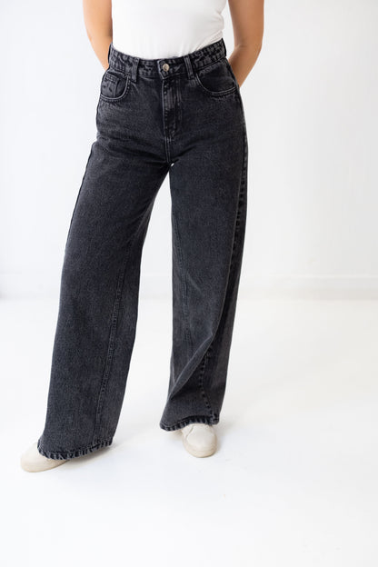 Wide Flow Denim Pants - Ash Black