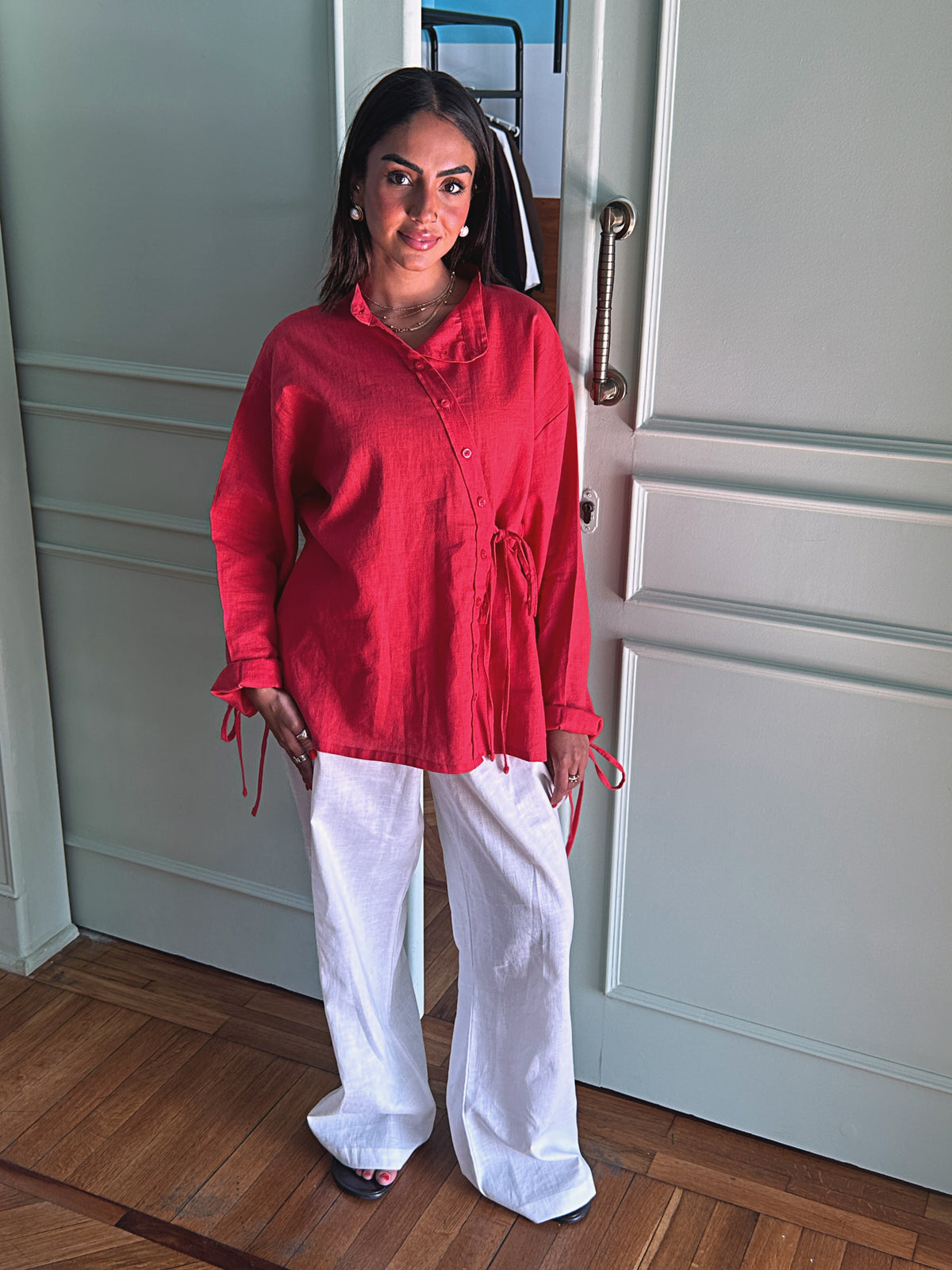 Side Bow Linen Shirt - Crimson Red