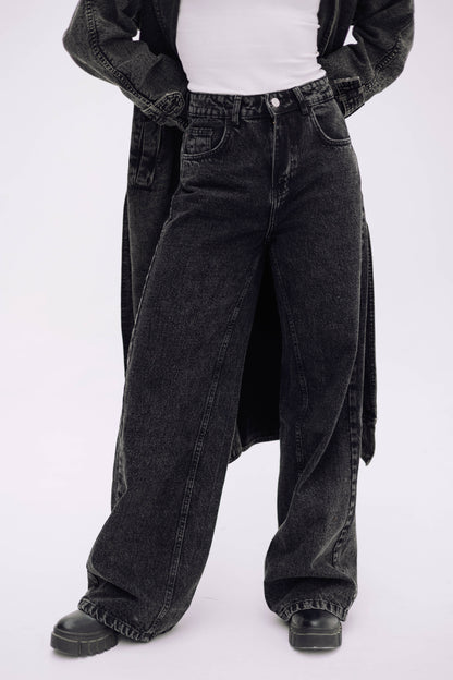 Wide Flow Denim Pants - Ash Black