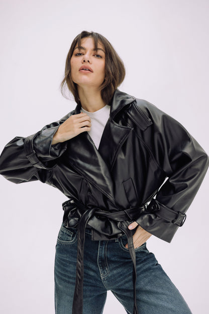 Leather Cropped Trench Jacket - Black