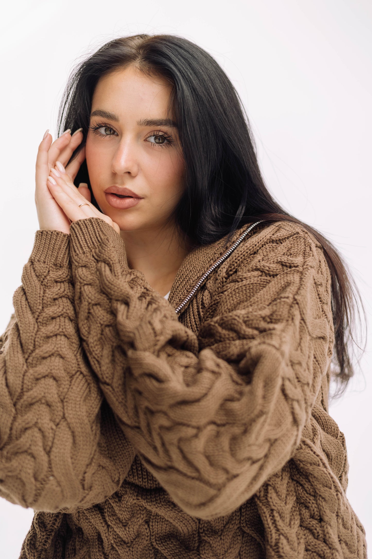 Braided Half-Zip Sweater - Brown