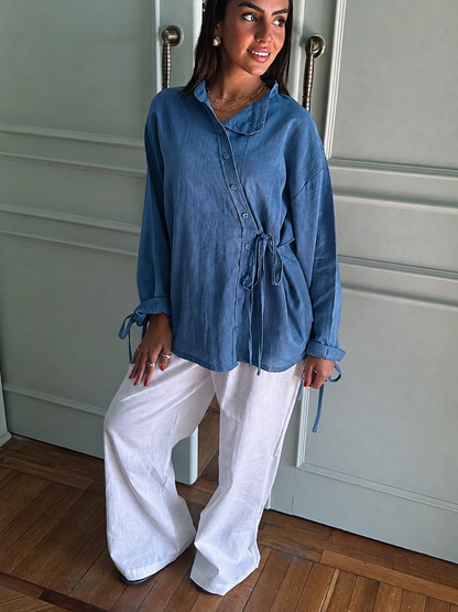 Side Bow Linen Shirt - Jeans Blue