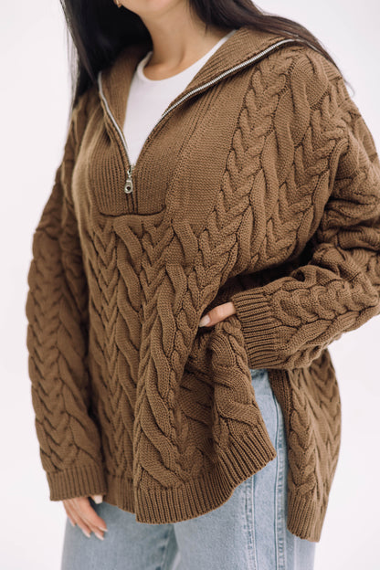 Braided Half-Zip Sweater - Brown