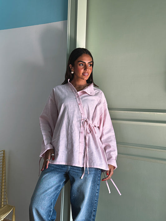 Side Bow Linen Shirt - Soft Pink