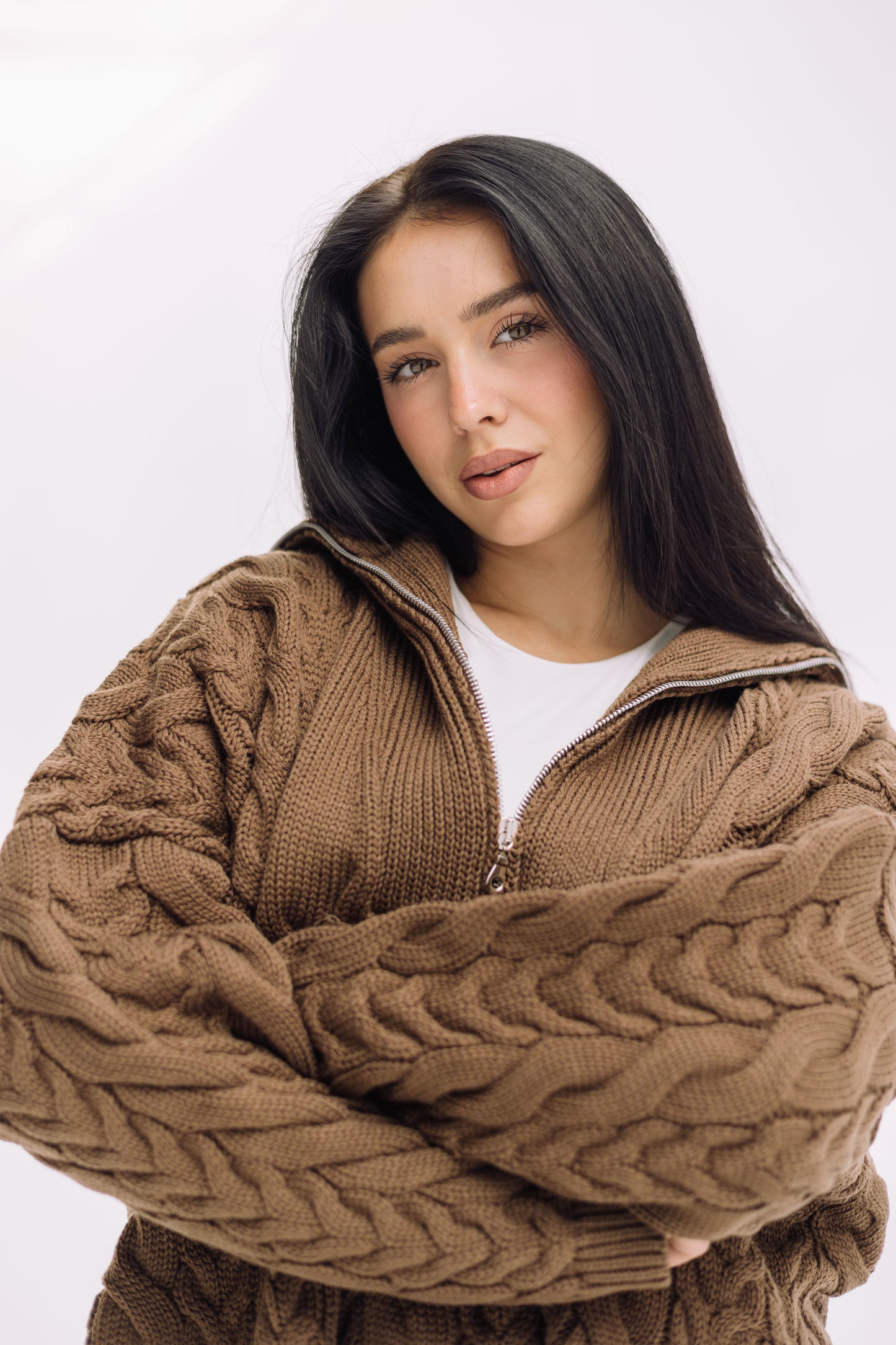 Braided Half-Zip Sweater - Brown