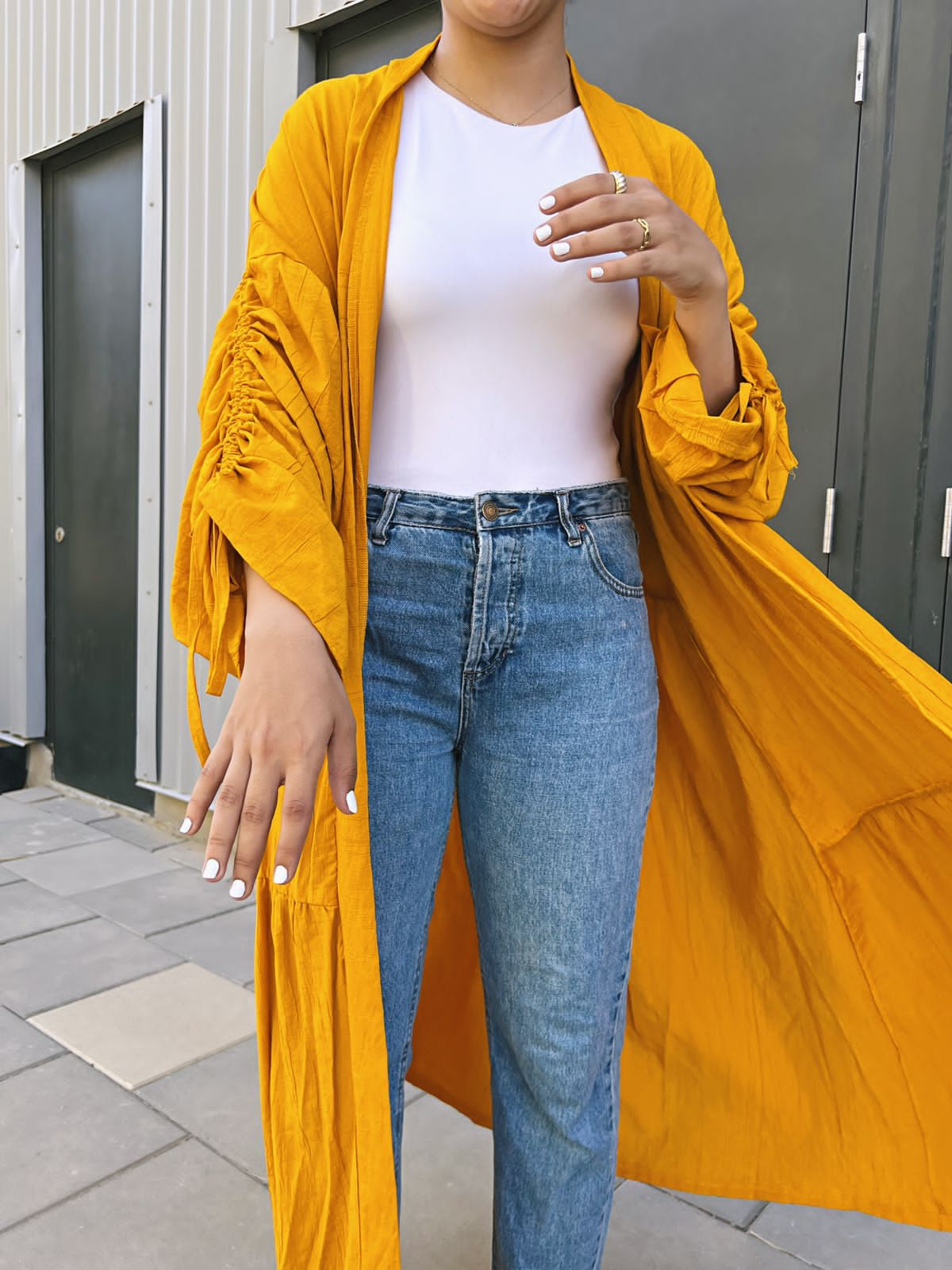 Ruched Sleeves Kimono - Mustard